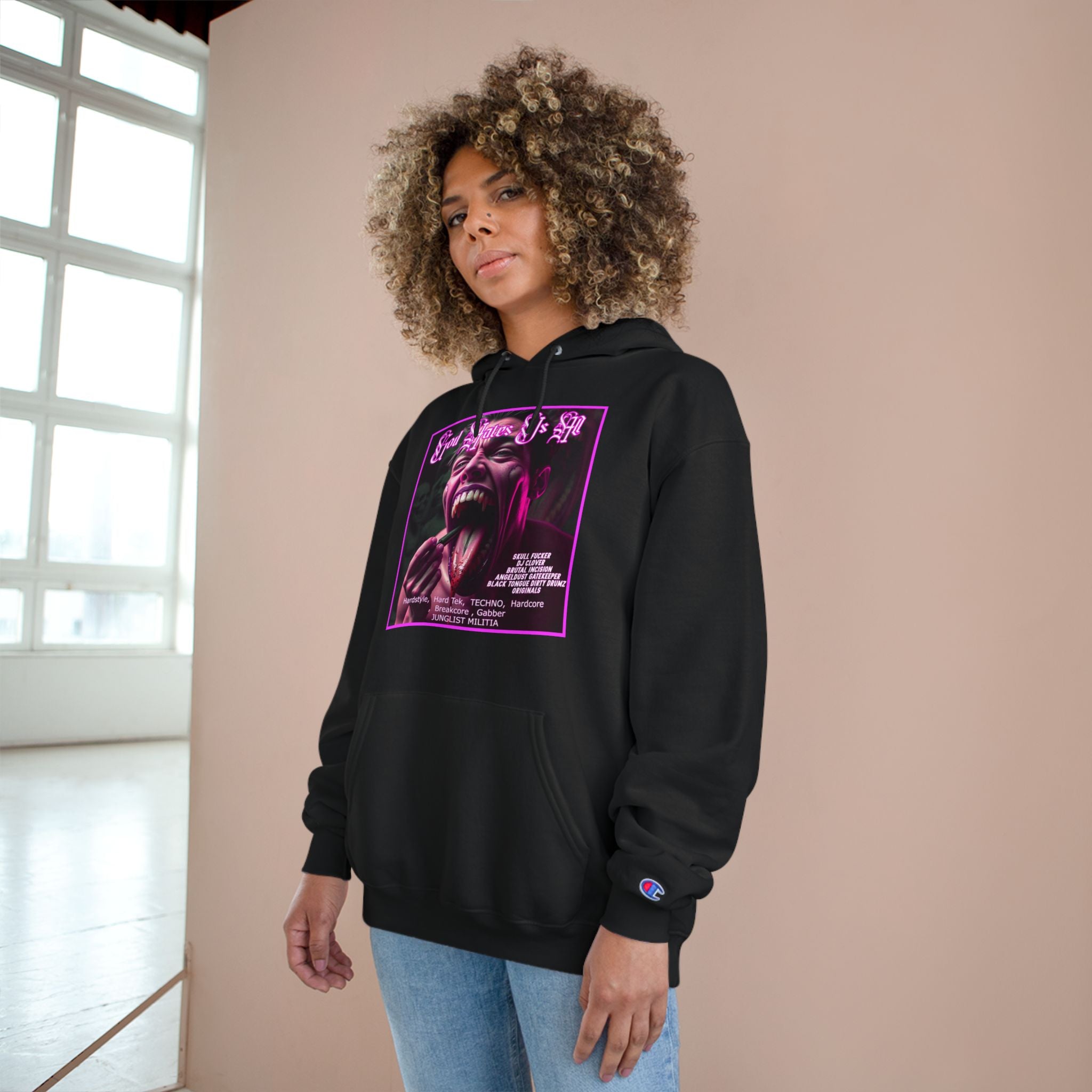 Champion Hoodie- GOD HATES US ALL -JUNGLIST MILITIA  dj Clover, Brutal Incision, AngelDust GateKeeper ORIGINALS  Hardstyle,  Hard Tek,  TECHNO,  Hardcore ,  Breakcore , Gabber JUNGLIST MILITIA