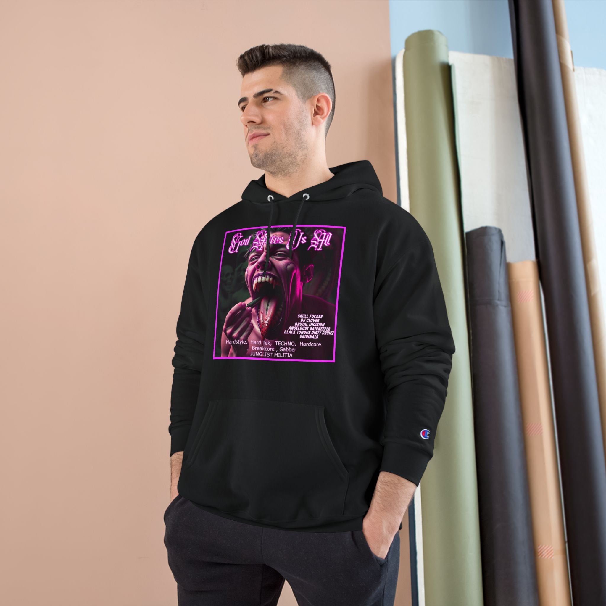 Champion Hoodie- GOD HATES US ALL -JUNGLIST MILITIA  dj Clover, Brutal Incision, AngelDust GateKeeper ORIGINALS  Hardstyle,  Hard Tek,  TECHNO,  Hardcore ,  Breakcore , Gabber JUNGLIST MILITIA