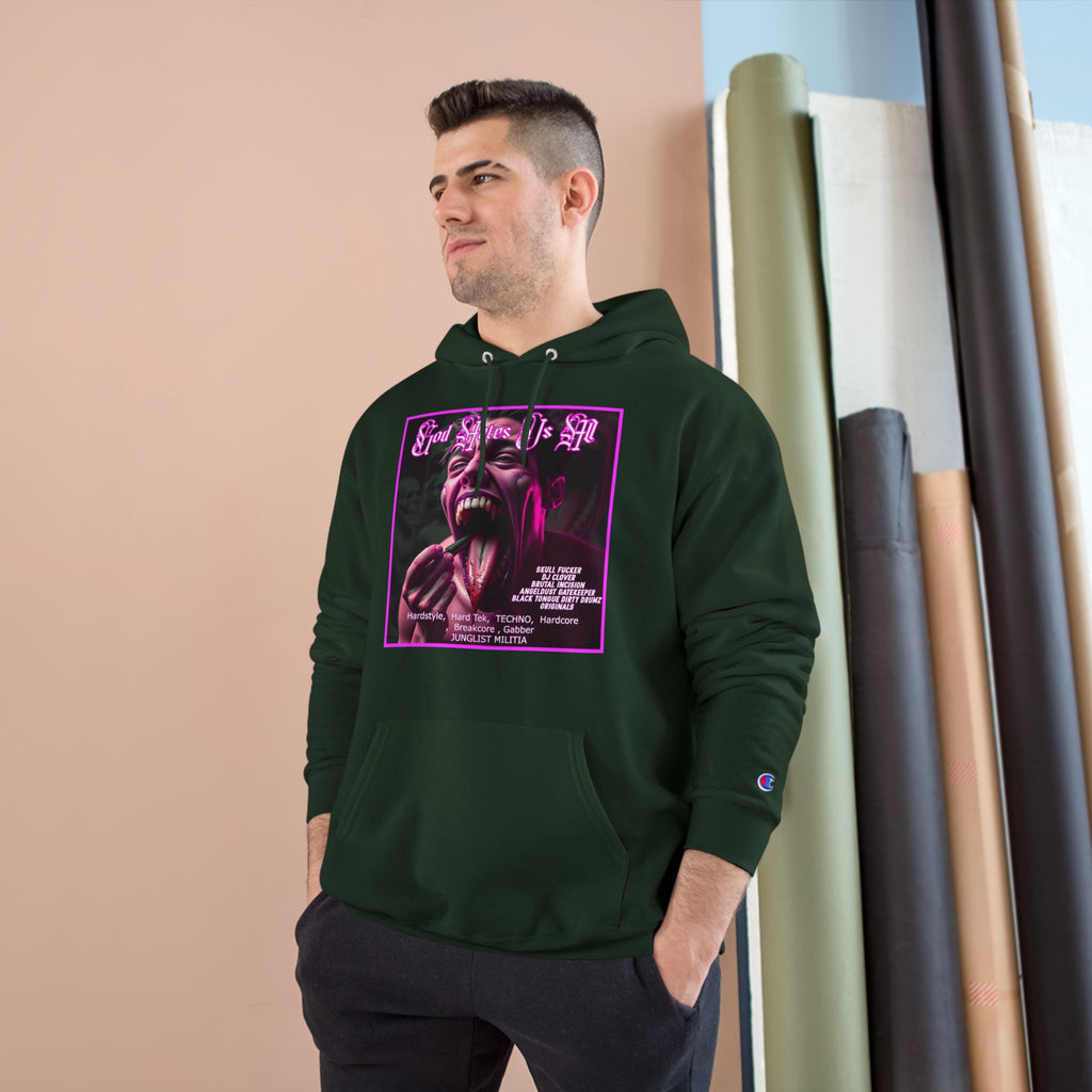 Champion Hoodie- GOD HATES US ALL -JUNGLIST MILITIA  dj Clover, Brutal Incision, AngelDust GateKeeper ORIGINALS  Hardstyle,  Hard Tek,  TECHNO,  Hardcore ,  Breakcore , Gabber JUNGLIST MILITIA
