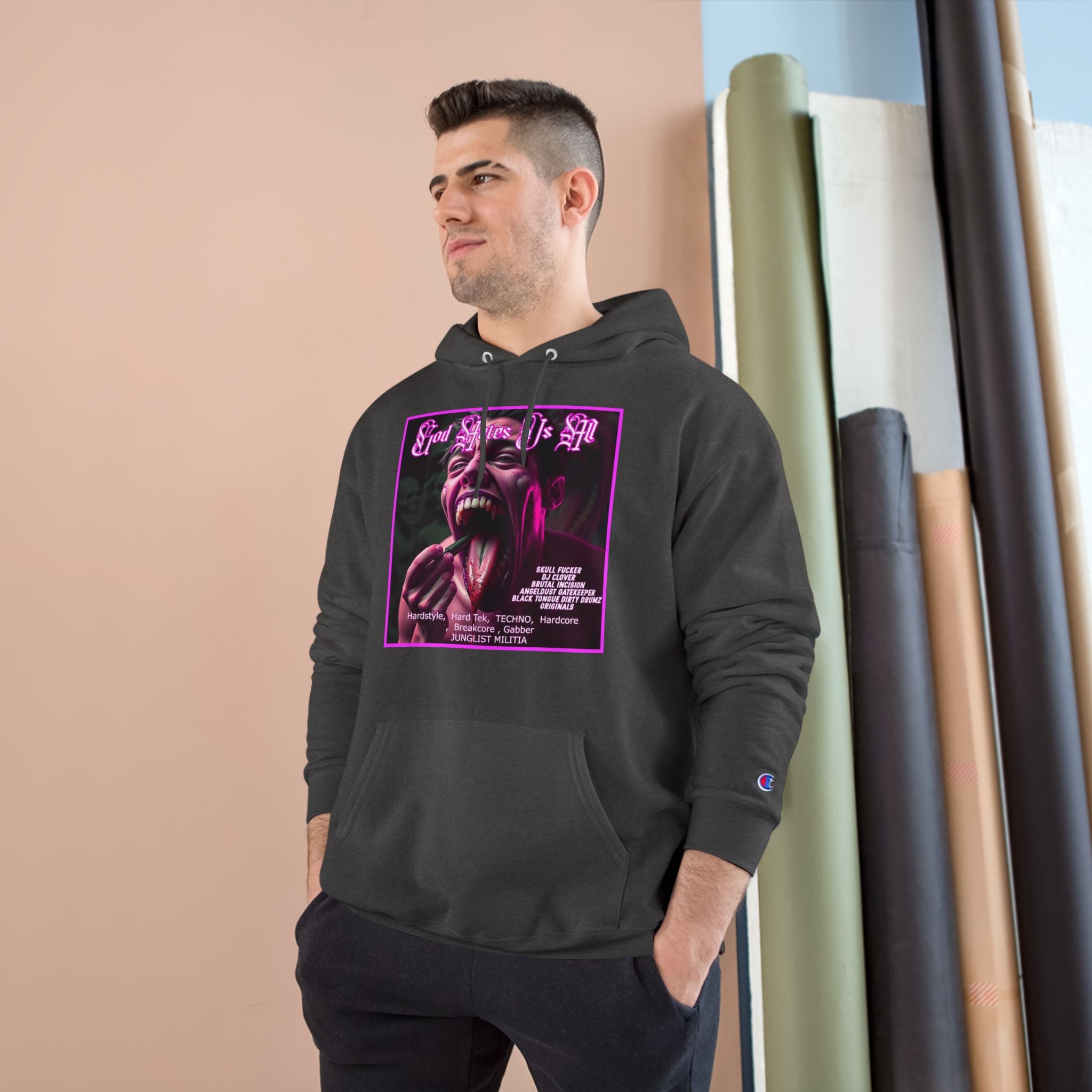 Champion Hoodie- GOD HATES US ALL -JUNGLIST MILITIA  dj Clover, Brutal Incision, AngelDust GateKeeper ORIGINALS  Hardstyle,  Hard Tek,  TECHNO,  Hardcore ,  Breakcore , Gabber JUNGLIST MILITIA