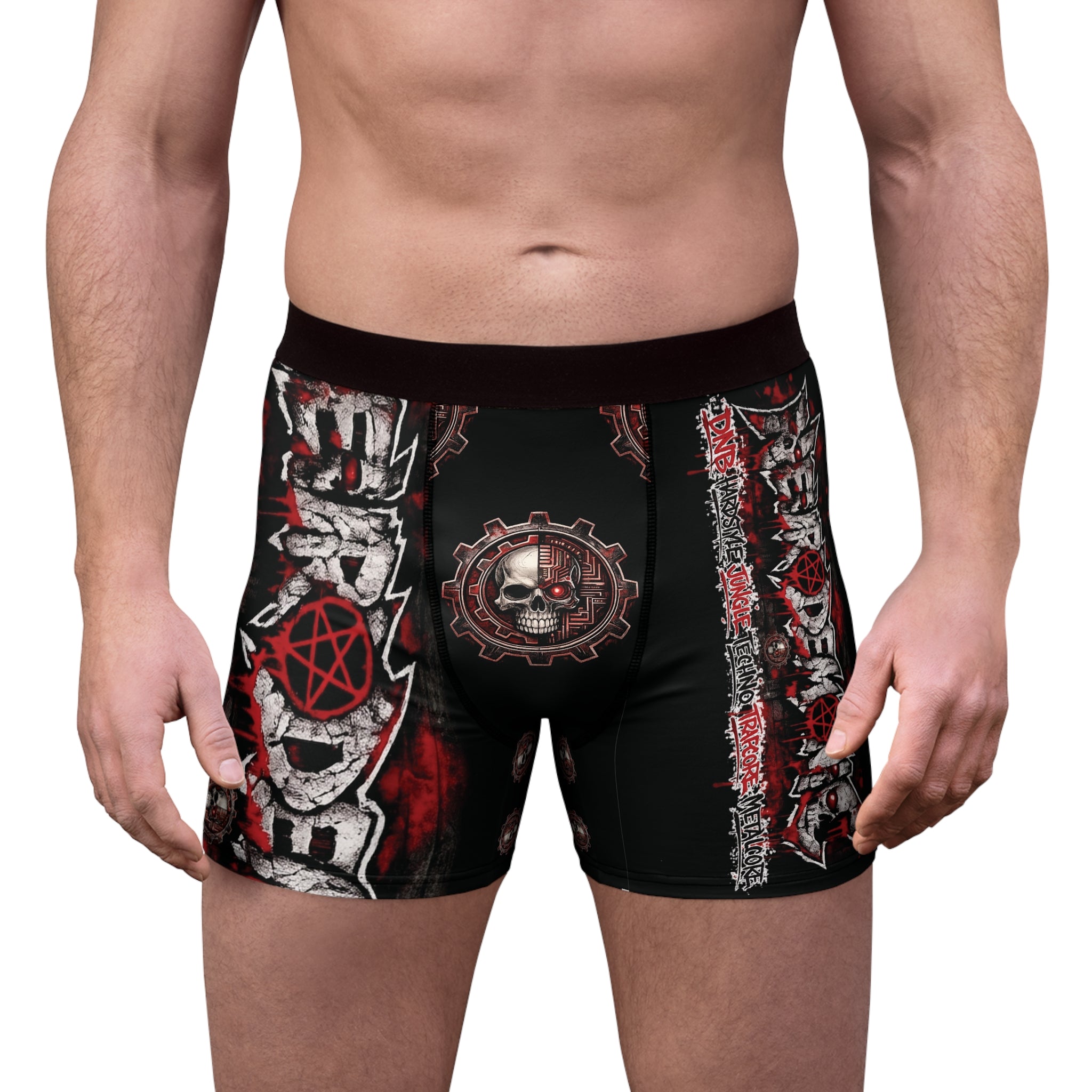 NEURODEMONIC™ Graffiti Skull Pentagram Boxer Briefs | DNB Hardstyle Jungle Techno Trapcore Metalcore Streetwear | Premium All-Over Print Underwear