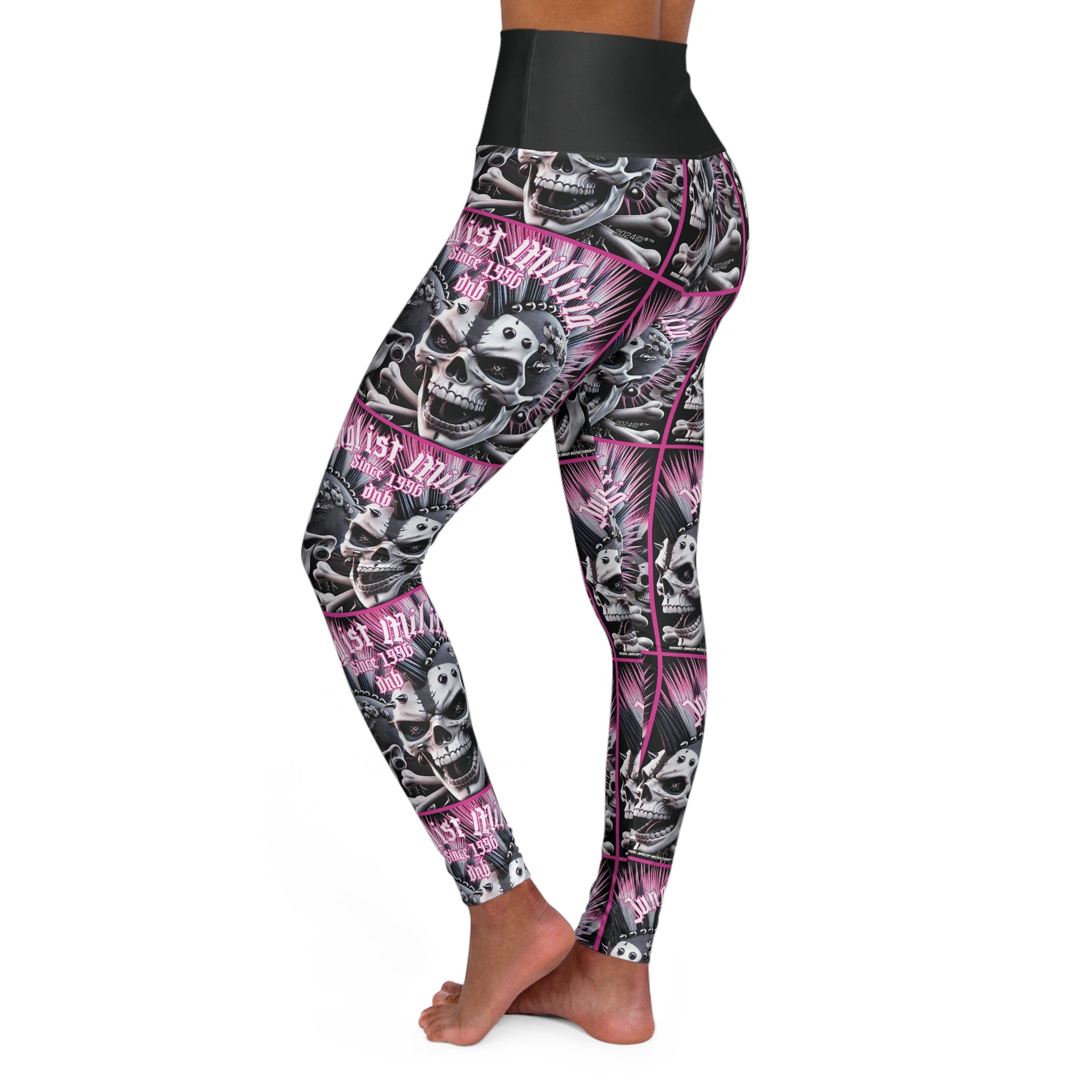 High Waisted Yoga Leggings - Pink Punk Skullz For Women - Junglist Militia Since 1996 dnb