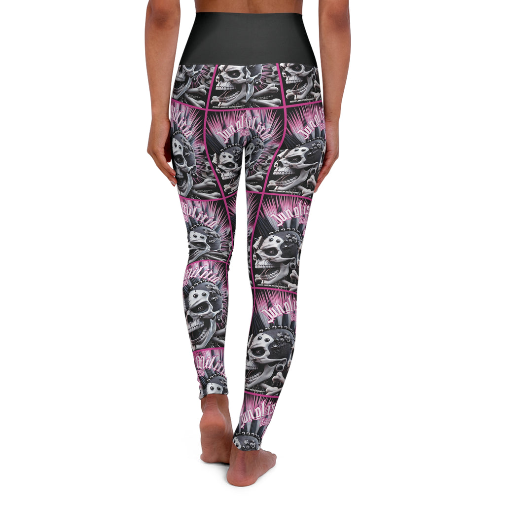 High Waisted Yoga Leggings - Pink Punk Skullz For Women - Junglist Militia Since 1996 dnb