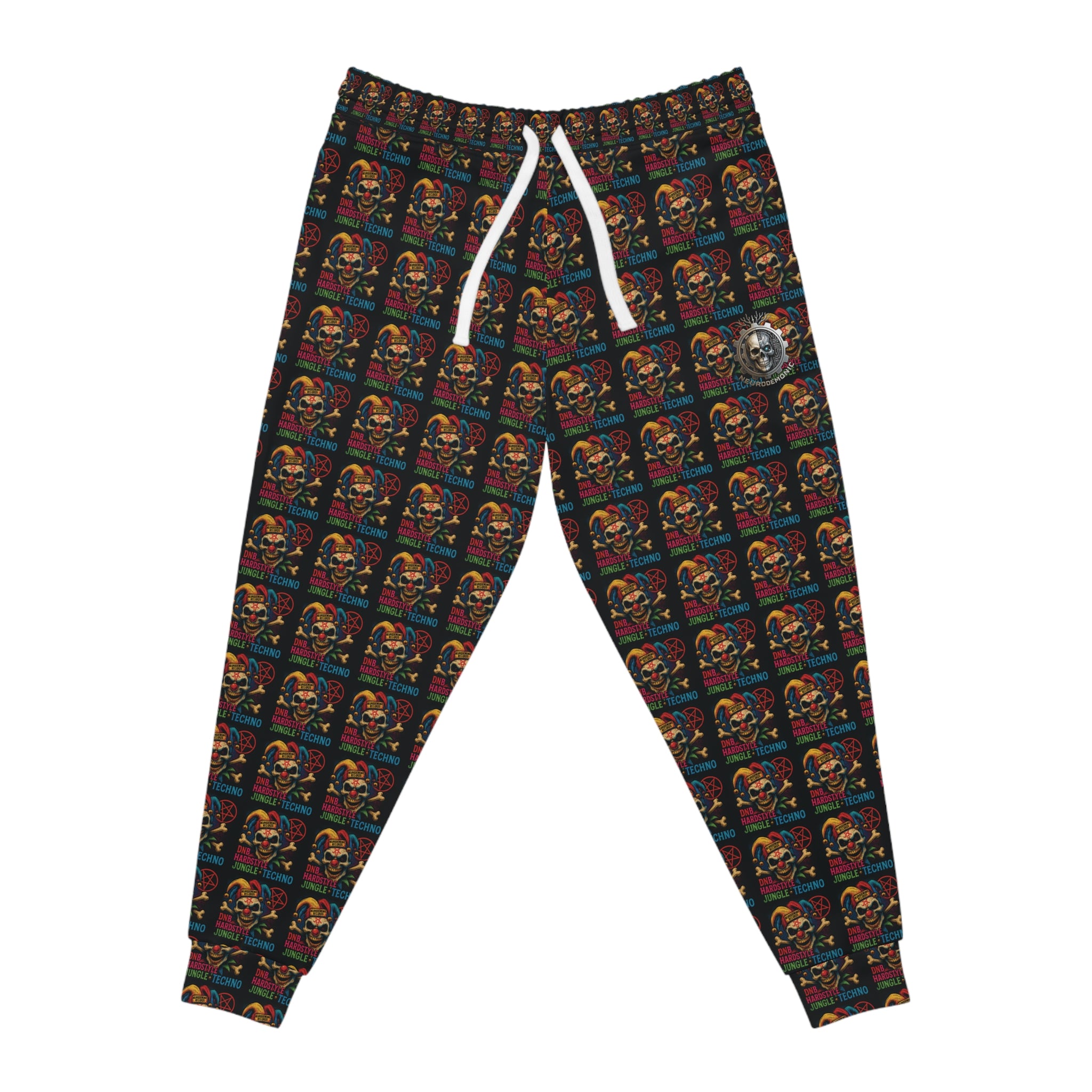 NEURODEMONIC™ Carnival Jester Joggers | DNB Hardstyle Jungle Techno Streetwear | Graffiti Skull Festival Sweatpants | Unisex All-Over Print