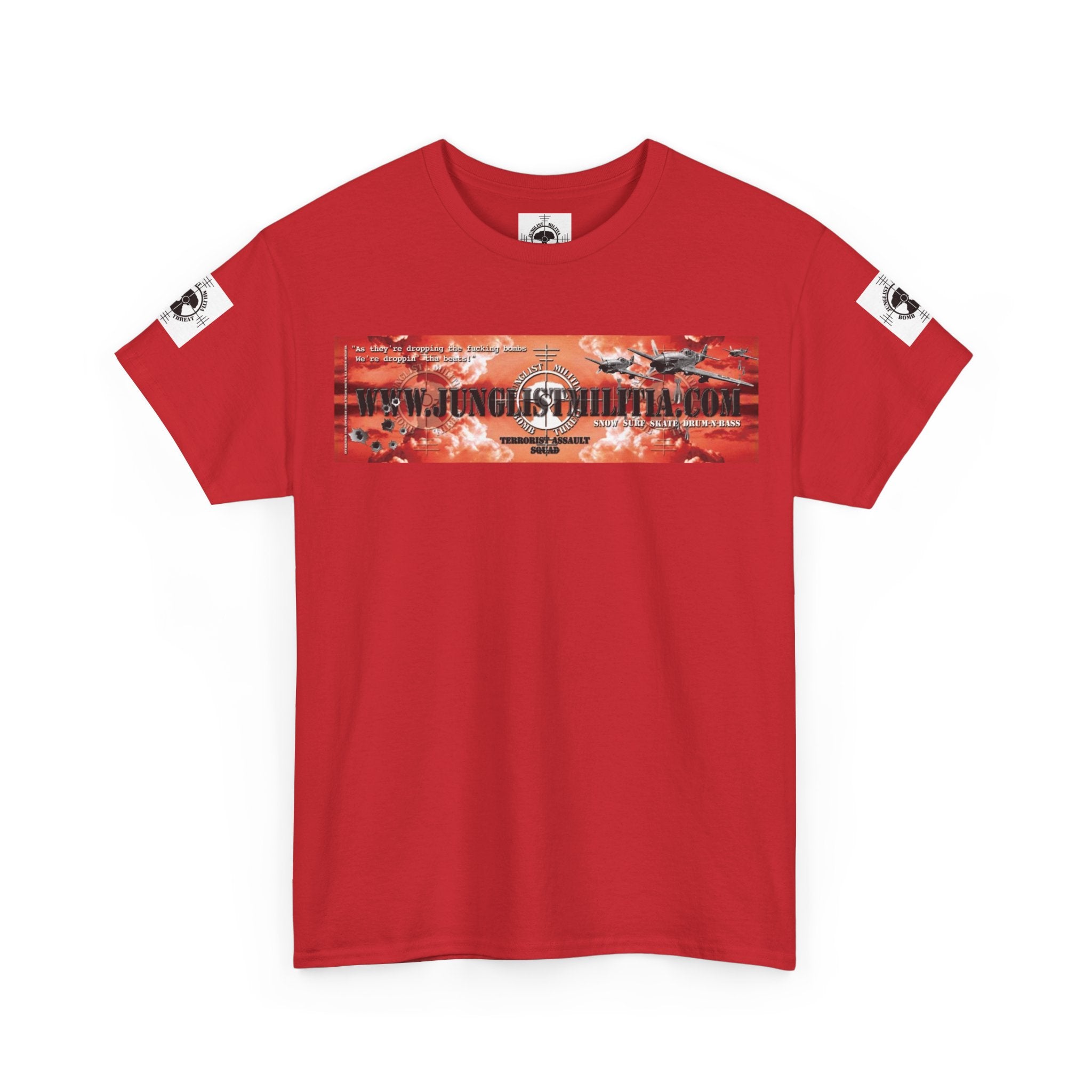 Droppin Beats Junglist Militia Bomb Threat 1st gen Logo Unisex Heavy Cotton Tee