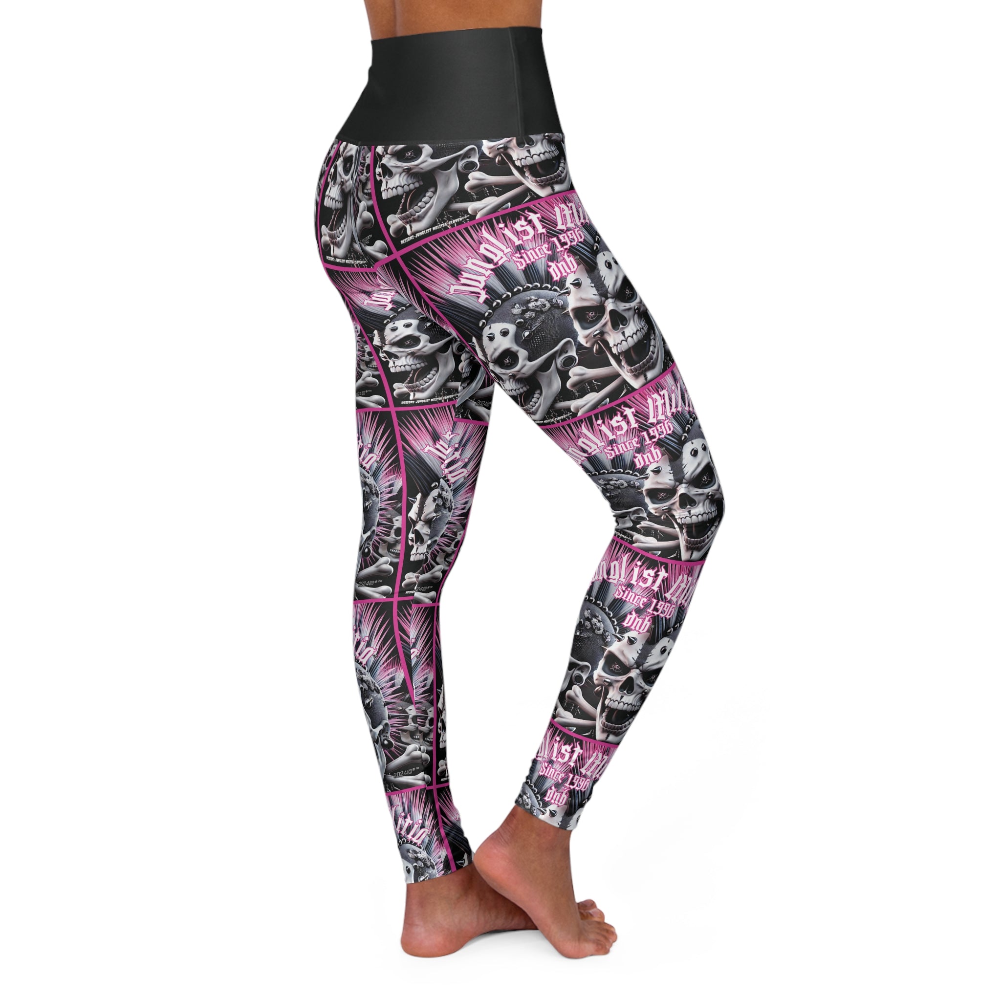 High Waisted Yoga Leggings - Pink Punk Skullz For Women - Junglist Militia Since 1996 dnb
