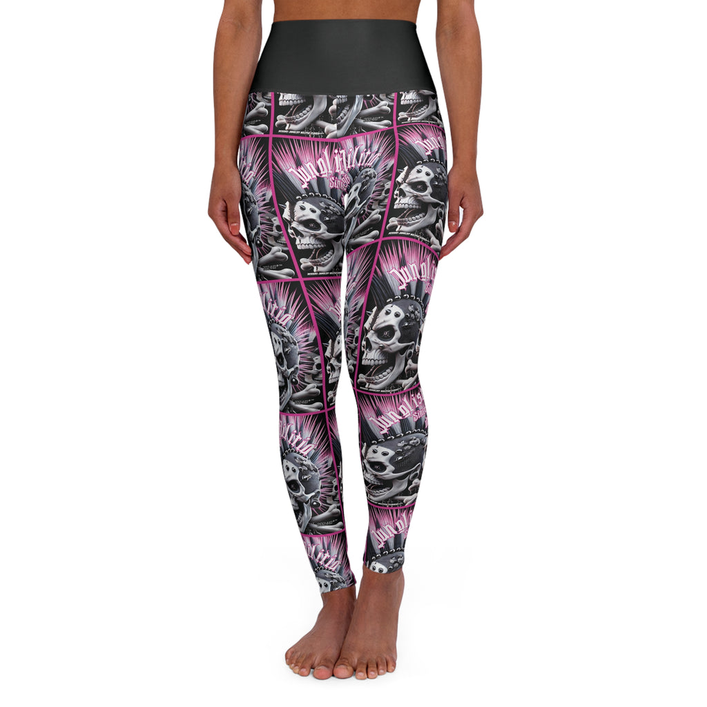 High Waisted Yoga Leggings - Pink Punk Skullz For Women - Junglist Militia Since 1996 dnb
