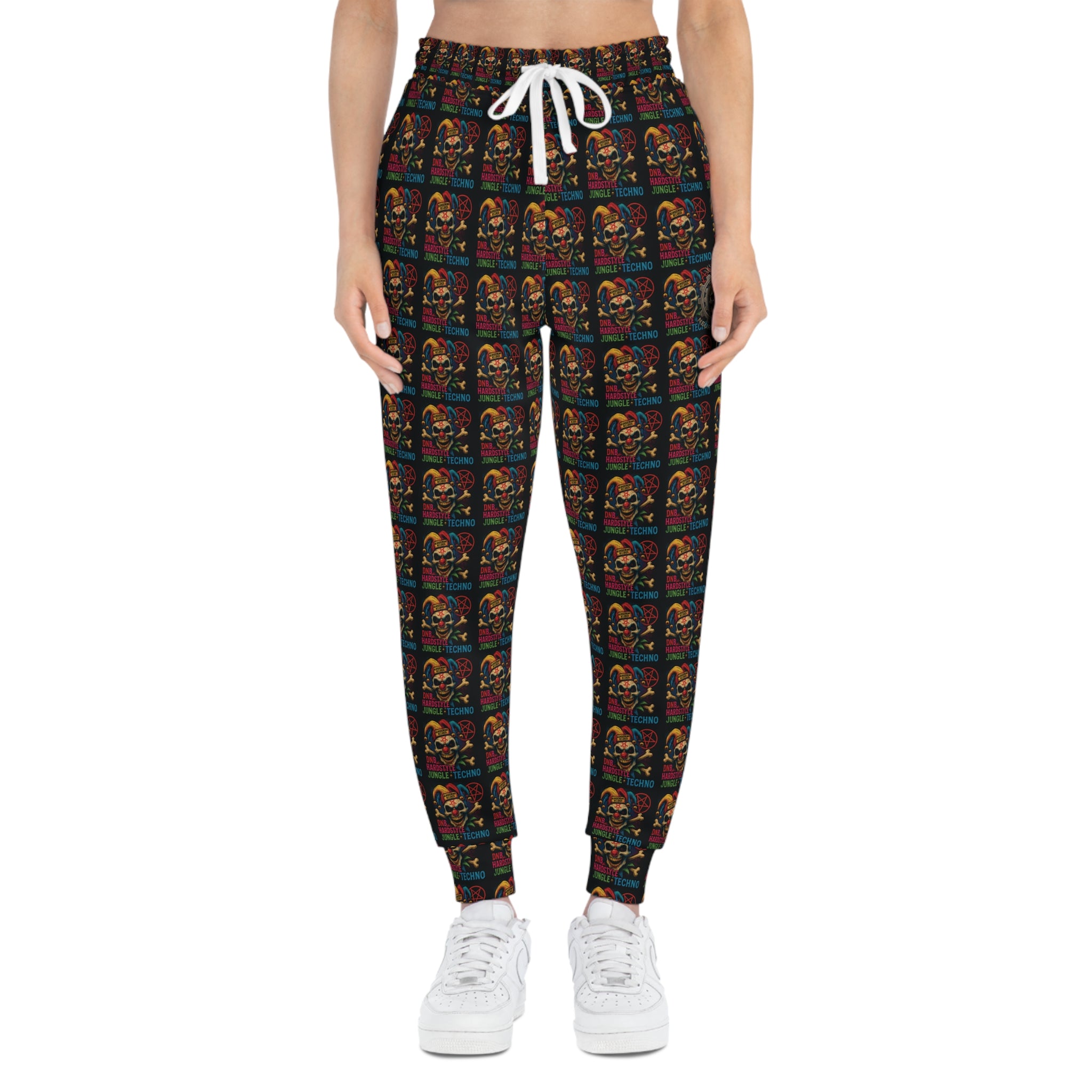 NEURODEMONIC™ Carnival Jester Joggers | DNB Hardstyle Jungle Techno Streetwear | Graffiti Skull Festival Sweatpants | Unisex All-Over Print