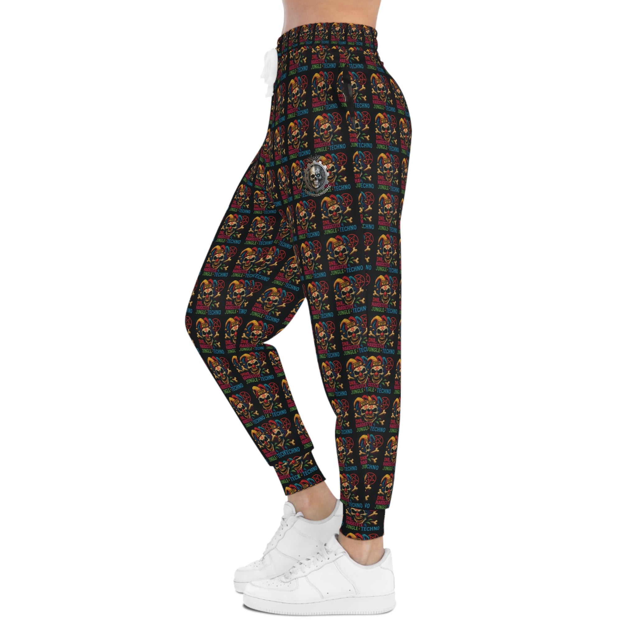 NEURODEMONIC™ Carnival Jester Joggers | DNB Hardstyle Jungle Techno Streetwear | Graffiti Skull Festival Sweatpants | Unisex All-Over Print
