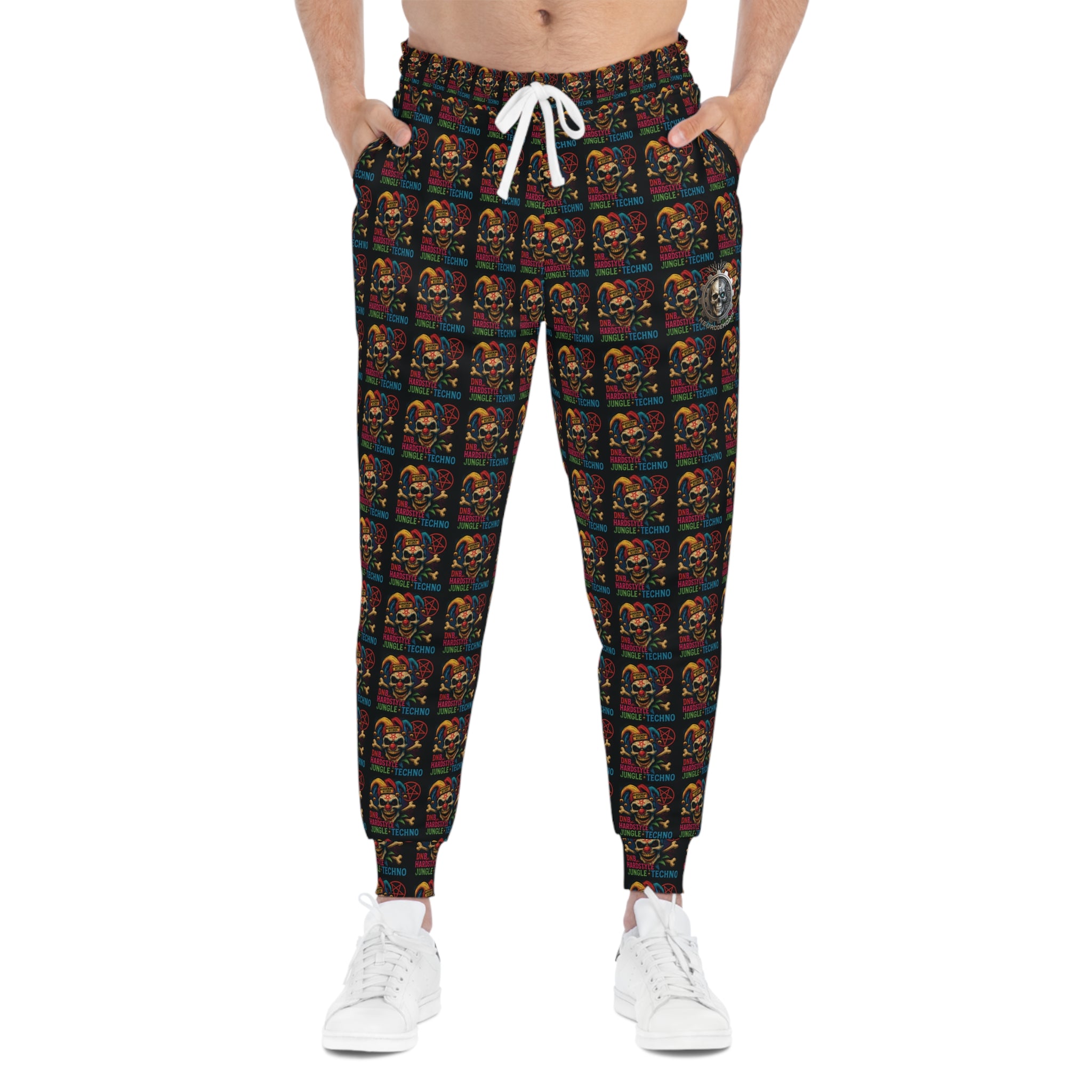 NEURODEMONIC™ Carnival Jester Joggers | DNB Hardstyle Jungle Techno Streetwear | Graffiti Skull Festival Sweatpants | Unisex All-Over Print