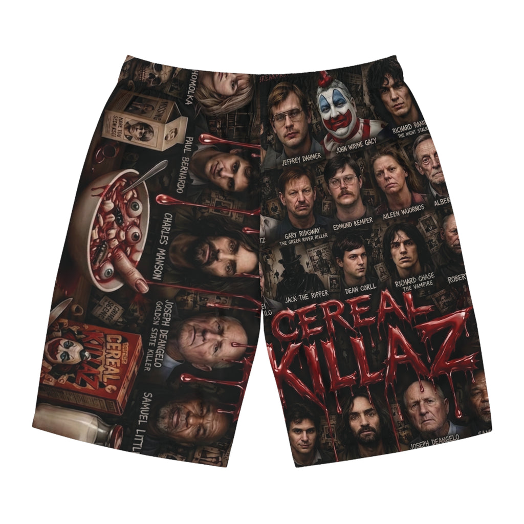 CEREAL KILLAZ™ Unisex All-Over Print Board Shorts | True Crime Horror Streetwear Beach Shorts