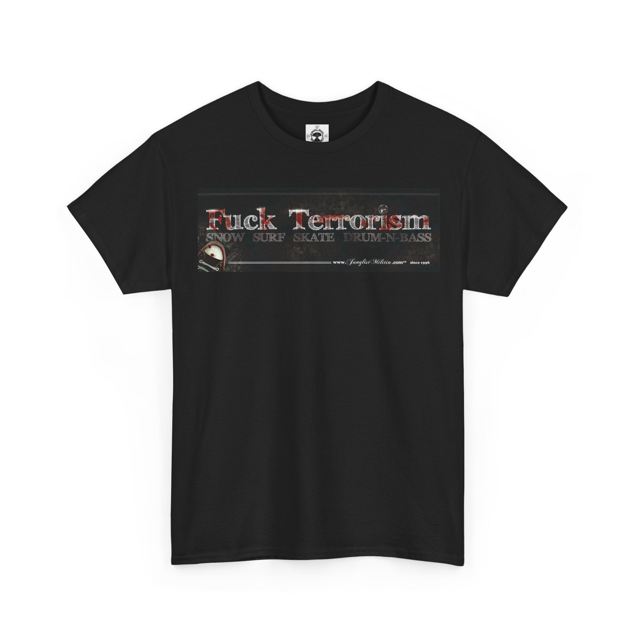 Fuck Terrorism 1st gen. Bomb Threat Logo - Unisex Heavy Cotton Tee - Junglist Militia Since 1996