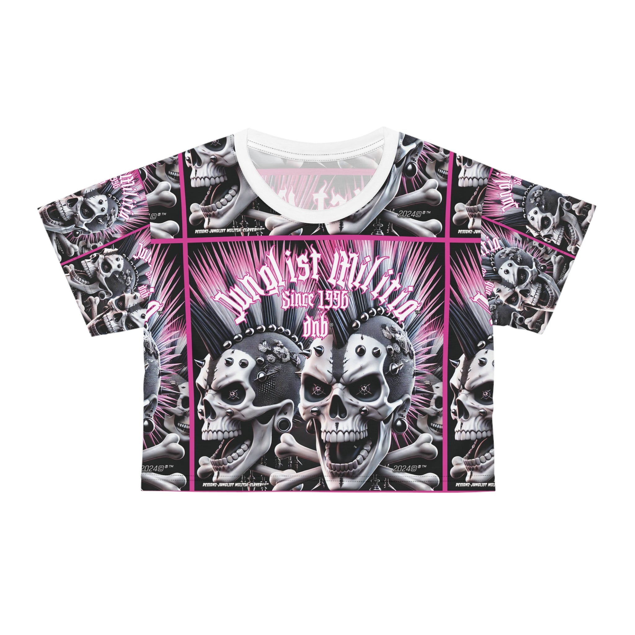 Crop Tee Pink Punk Skullz For Women - Junglist Militia Since 1996 dnb